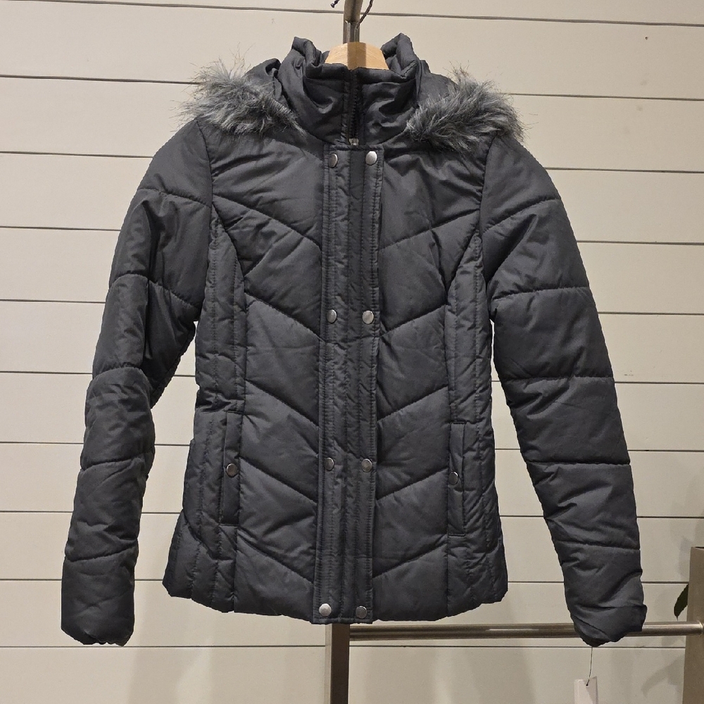 Krush Women's Quilted Puffer Jacket with Faux Fur Hood - Dark Gray